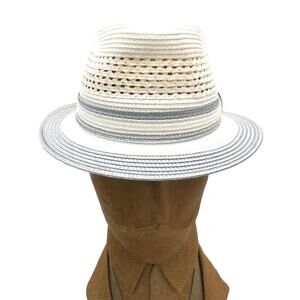 Retro VTG Men's Montique Internationale Trilby Fedora Straw Hat Cream/Grey S NOS